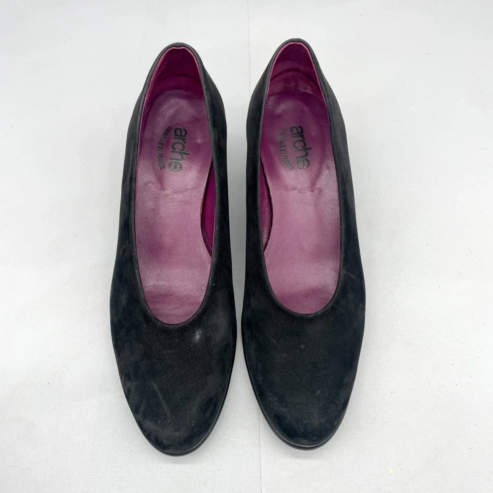 Arche LN Womens 37.5 6.5 Murlay Pumps Shoes Black Nubuck Round Toe Block Heels